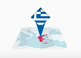 Grecia es representado en un doblada papel mapa y clavado ubicación marcador con bandera de Grecia. vector