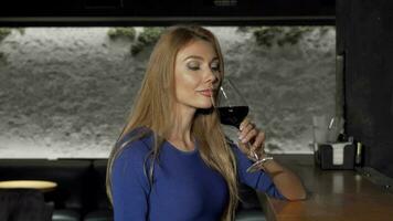 lindo mulher sorridente para a Câmera bebendo vinho às a Barra video