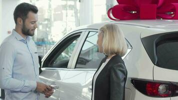 Woman smiling to the camera while her husband examining inside of a new car video