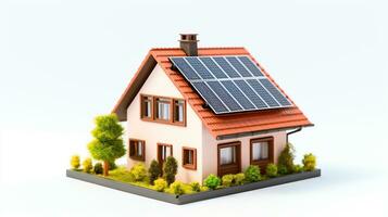 AI generated miniature house model with solar panel on roof on white background. smart home energy saving concept photo