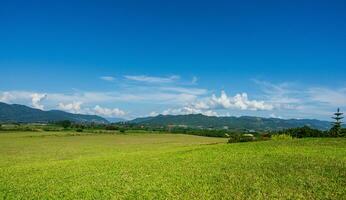 Green grass field and mountain view with blue sky. Nature background. Countryside landscape photo