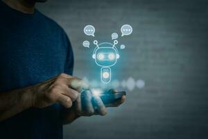 Businessman use smartphone mobile phone with digital chatbot, chat GPT, robot application, conversation assistant, AI Artificial Intelligence concept, digital chatbot virtual screen. Automatic AI. photo
