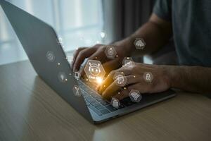 Businessman working use laptop with touch digital chatbot, chat GPT, robot application, conversation assistant, Artificial Intelligence concept, digital chatbot virtual screen. Automatic AI. photo