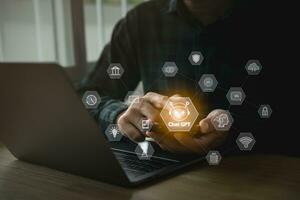 Businessman use smartphone mobile phone with touch digital chatbot, chat GPT, robot application, conversation assistant, Artificial Intelligence concept, digital chatbot virtual screen. Automatic AI. photo
