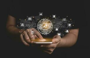 Woman use mobile and touch virtual digital Ai network chain. Digital transformation change management, internet of things, smart Ai technology, IoT concepts of business icons smart Internet of Things. photo