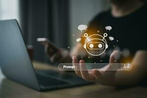 Woman use smartphone mobile phone with prompt digital chatbot, chat GPT, robot application, conversation assistant, AI Artificial Intelligence concept, digital chatbot virtual screen. Automatic AI. photo