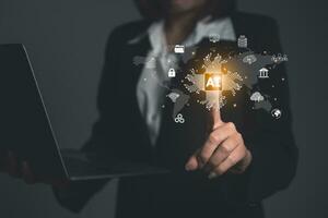 Woman hold laptop and touch virtual digital Ai network chain. Digital transformation change management, internet of things, smart Ai technology, IoT concepts business icons smart Internet of Things. photo