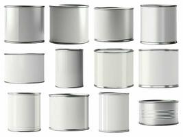 AI generated empty tin can collection isolated on white background. photo