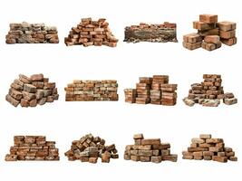 AI generated old bricks collection isolated on white background. photo