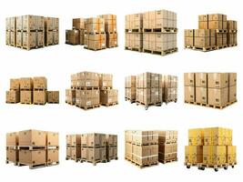 AI generated cardboard boxs on pallets collection isolated on white background. photo