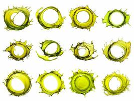 AI generated splash of olive or engine oil arranged in a circle collection isolated on white background. photo