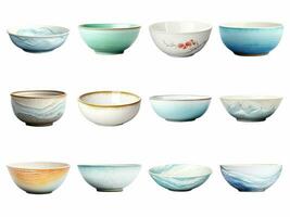 AI generated ceramic bowl collection isolated on white background. photo