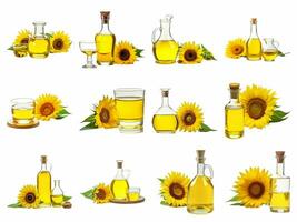 AI generated sunflower oil in glass collection isolated on white background. photo