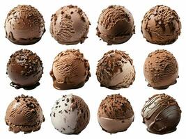 AI generated chocolate ice cream ball collection isolated on white background. photo