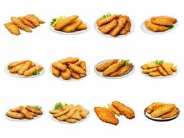 AI generated fried fish fillets collection isolated on white background. photo