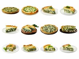 AI generated homemade pie with spinach collection isolated on white background. photo