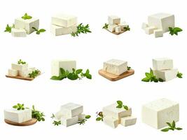 AI generated feta cheese block collection isolated on white background. photo