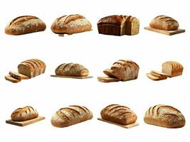 AI generated whole grain bread collection isolated on white background. photo