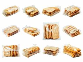 AI generated sliced bread in plastic bag collection isolated on white background. photo