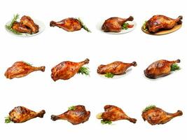 AI generated tasty grilled chicken leg collection isolated on white background. photo