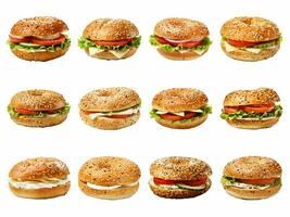 AI generated fresh bagel sandwich collection isolated on white background. photo