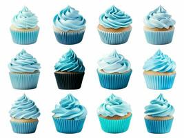 AI generated blue cupcake collection isolated on white background. photo