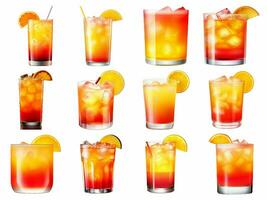 AI generated glass of tequila sunrise cocktail collection isolated on white background. photo