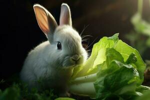 ai generado césped naturaleza animal linda Doméstico blanco pequeño Conejo mamífero conejito pequeño piel liebre verde foto