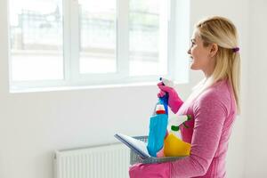 Portrait of woman pointing at copy space and holding in hand cleaning products while standing at home. photo