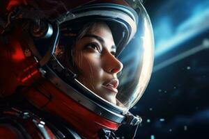 AI Generated Woman universe astronomy spaceship planet suit sky astronaut person beauty female face photo