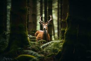 AI Generated Grass wildlife autumn park forest woods fall red season antlers wilderness buck deer photo