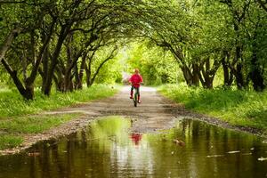 pequeño niña montando bicicleta en agua charco foto