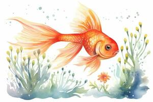 AI Generated Goldfish watercolor illustration aquarium colours swim gold design animal art fish pet photo