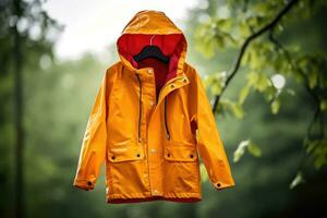 ai generado Moda impermeable caminando estilo amarillo al aire libre Saco primavera lluvia naturaleza vestir vestir foto