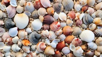 ai generado muchos naturaleza playa cáscara antecedentes verano viaje Oceano mariscos marina concha costa foto