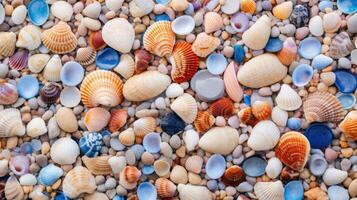 AI Generated Small smooth seashell sand shell stone beach white sea texture nature vacation summer photo