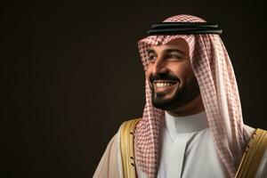 ai generado joven hombres tradicional oriental contento árabe masculino barba árabe retrato medio negocio foto