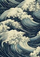 AI Generated Water print sea wave art illustration oriental nature storm texture pattern blue photo