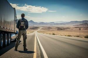 ai generado persona hombre caminar viajero viaje transporte camino cielo naturaleza montaña asfalto joven foto