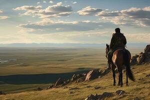 ai generado verano hombre paisaje césped cielo caballo naturaleza ecuestre lado de caballo salvaje animal persona foto