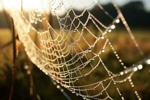 AI Generated Net green cobweb pattern trap spiderweb insect morning dew water closeup nature drop photo