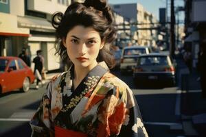 ai generado Moda cara asiático Japón bonito hembra vestir belleza joven cultura atractivo tradicion foto