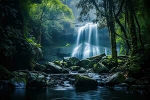 AI Generated Flowing rock landscape forest travel green water cascade stone fall park environment photo