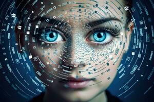 ai generado mujer interfaz escanear Ciencias identificación identidad humano persona futuro datos joven ojo foto