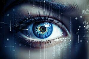 AI Generated Information woman digital future binary secure eye scan iris interface computer photo