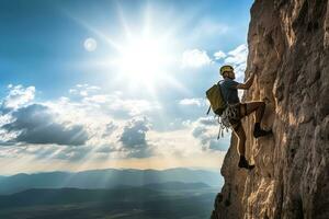 ai generado naturaleza escalada luz de sol puesta de sol éxito deporte viaje riesgo silueta acantilado cielo aventuras foto