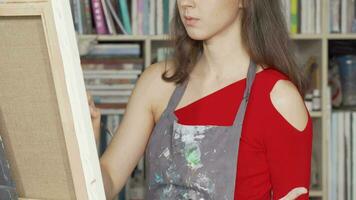 Sliding shot of a beautiful young woman drawing at the art studio video