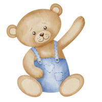 Teddy Bear watercolor illustration. Hand drawn sketch of little cute animal in pastel brown and blue colors for Baby shower invitations or happy birthday greeting cards. Drawing for childish design png