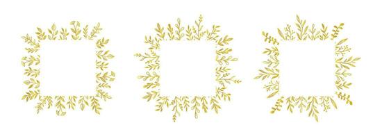 Gold floral square border set. Vector golden floral leaf wreath border. Wedding square frame design. Hand drawn rustic flourish elegant rectangle frame. Vector illustration