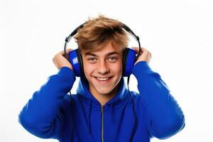 AI Generated Man looking student happy young casual caucasian headphone male sound person handsome photo